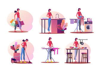 Housework illustration set. Woman doing shopping, washing dish, cooking, ironing, cleaning apartment. Household concept. Vector illustration for banners, posters, website design