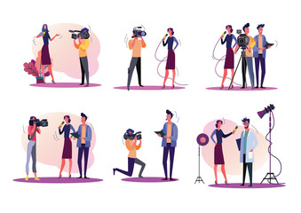 Reporters illustration set. Journalists and cameraman filming news, holding microphone, using camera. Television concept. Vector illustration for banners, posters, website design