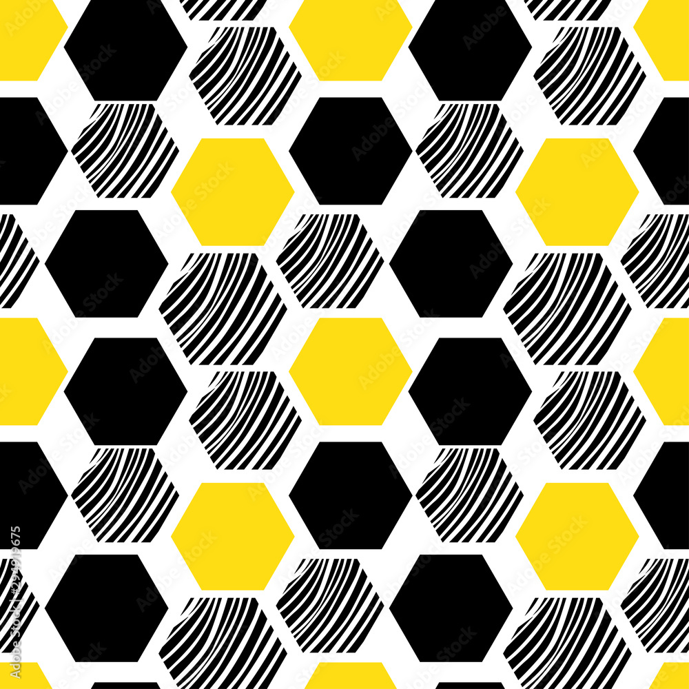 Wall mural Geometric seamless pattern. Honeycomb texture background. Modern yellow and black honeycombs pattern.