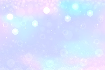 Abstract blurred festive delicate winter christmas or Happy New Year background with shiny blue pink and white bokeh lighted stars. Space for your design. Card concept.
