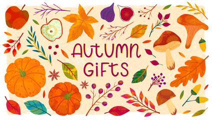 Bundle of hand drawn autumn seasonal elements.Vegetables,fruits,pumpkins,forest mushrooms,tree branches,plants,leaves,berries,acorns.Harvest season.Trendy fall vector illustrations.