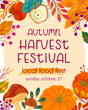 Autumn harvest festival poster with pumpkins,mushrooms,tree branches,apples,plants,leaves,berries and floral elements.Harvest fest design.Trendy fall vector illustration.