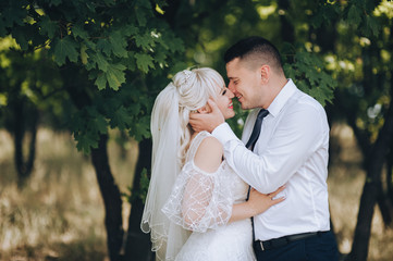 Wedding portrait of lovers newlyweds on a background of nature in a park with trees. Stylish groom hugs and kisses a beautiful blonde bride in a white dress. Concept and photography.