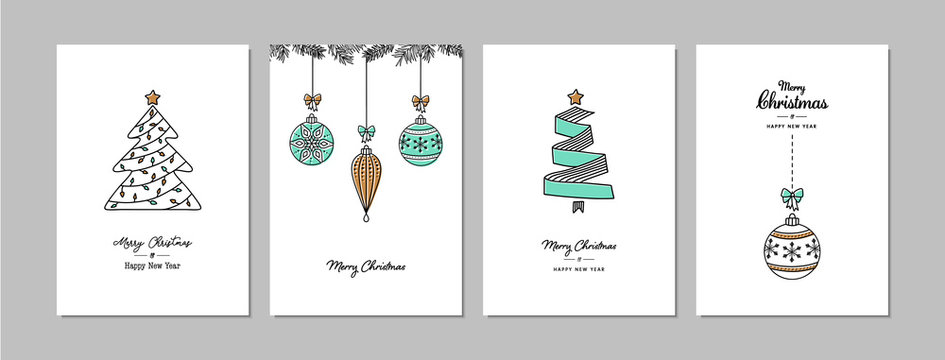 Merry Christmas cards set with hand drawn elements. Doodles and sketches vector Christmas illustrations, DIN A6.
