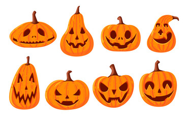 Set of cute and scary Halloween pumpkins with faces cartoon vegetables flat vector illustration isolated on white background