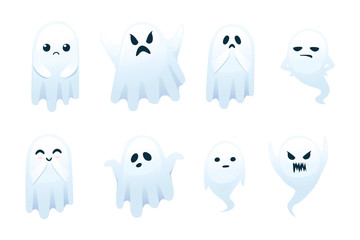 Obraz na płótnie Canvas Set of cute scary little ghost with different emotes on face cartoon character design flat vector illustration isolated on white background