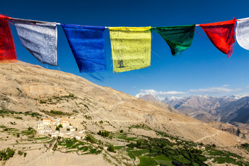 Buddhist prayer flags lungta in Spiti Valley, India