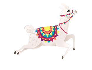 Cute llama running and wearing decorative saddle with patterns cartoon animal design flat vector illustration isolated on white background side view