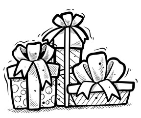 Cartoon graphic christmas present gift boxes with ribbons. Isolated on white background. New year vector icon set.