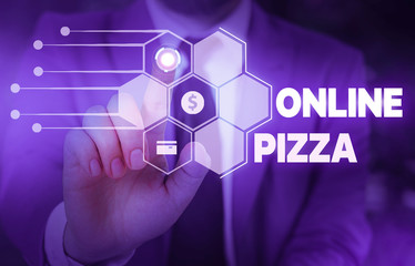 Conceptual hand writing showing Online Pizza. Concept meaning fast delivery of pizza at your...