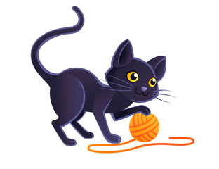 Cute adorable black cat playing with orange ball of wool cartoon animal design flat vector illustration on white background