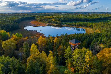 Latvian autumn nature. View from the top. Kangari lake in forest.