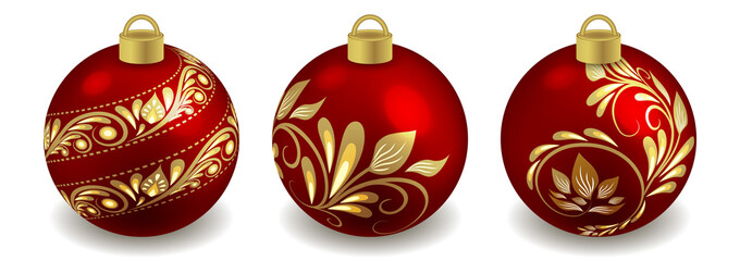 Set of Christmas balls isolated objects on white background, red with golden ornament. Toys for New Year or Christmas tree design  ornate with pattern. Vector illustration