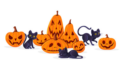 Cute adorable black cats playing with spooky scary Halloween pumpkins cartoon animal design flat vector illustration on white background