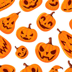 Seamless pattern of cute and scary Halloween pumpkins with faces cartoon vegetables flat vector illustration on white background