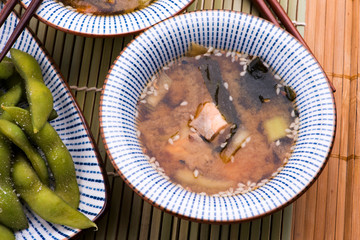Japanese miso soup with tofu, mushrooms and salmon