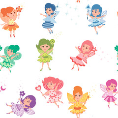 Seamless pattern of flying butterfly fairy with different shape magic wand and wearing colorful clothes cartoon character design flat vector illustration