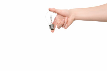 Hand holding light bulb on isolated white background