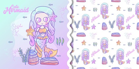 Cute seamless pattern with mermaids and jellyfish. Turquoise and coral colors. Vector childrens background. Suitable for printing on T-shirts, fabrics, textiles, wallpaper.