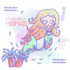 Fototapeta na wymiar Baby shower invitation card with cute little mermaid and marine life