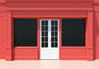 Classic red shopfront with large windows. Small business red store facade