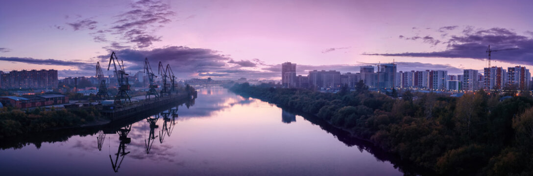 Russia. Tyumen. Night panoramic view from bridge to the city centre and Zarechny district.