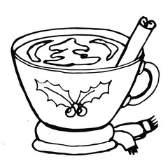 Christmas mug with coffee, cacao and cinnamon. Scandinavian style. Flat. Merry Christmas and Happy New Year background. Cup with scarf. Menu. Hot drink. Isolated on white