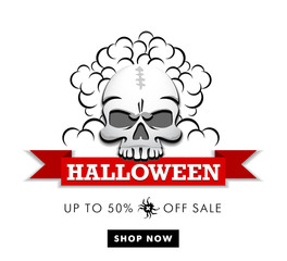 Halloween Sale - Human skull holding banner in his teeth. Buy 50% off shop now. Illustration, web icon, vector