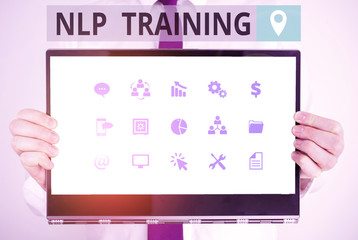 Word writing text Nlp Training. Business photo showcasing the study of the structure of subjective experience of a demonstrating Male human holding thick textured cardboard of business promotion