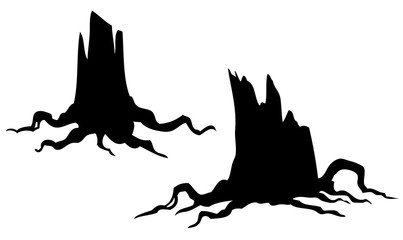 Black silhouette old tree stump with roots. Isolated on white background. Halloween vector icon.