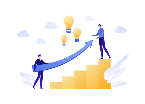 Vector flat business idea people illustration. Team of businessman holding arrow with baloon lightbulb. Concept of innovation, growth, technology. Design element for banner, poster, infographic