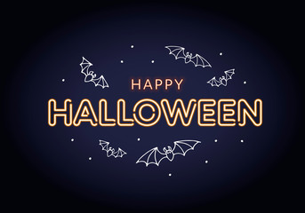 Vector neon happy halloween horizontal banner template. Glowing light bulb orange text and white cartoon scary flying bat on black background. Desing for poster, invitation, greeting card.
