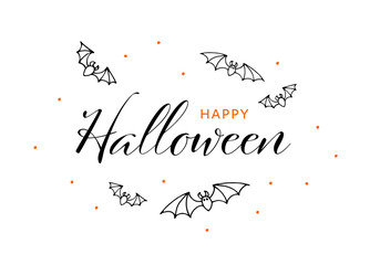 Vector typography happy halloween horizontal banner template. Black font text and cartoon scary flying bat isolated on white background. Desing for poster, invitation, greeting card.