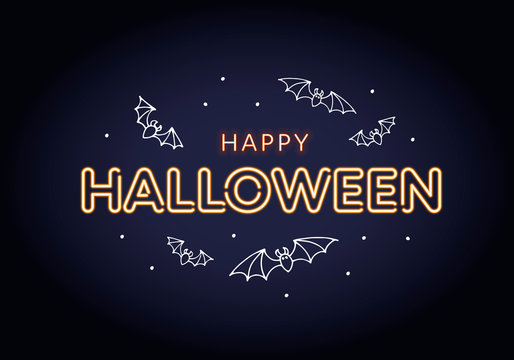 Vector Neon Happy Halloween Horizontal Banner Template. Glowing Light Bulb Orange Text And White Cartoon Scary Flying Bat On Black Background. Desing For Poster, Invitation, Greeting Card.