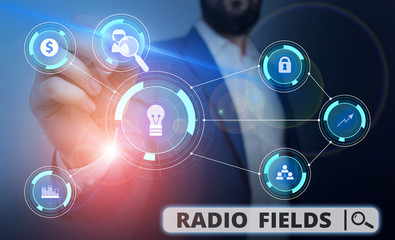 Word writing text Radio Fields. Business photo showcasing electromagnetic field intensity consisting of an electric Male human wear formal work suit presenting presentation using smart device