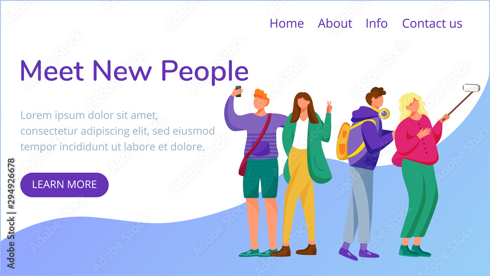 Poster meet new people landing page vector template. making selfie with smartphone website interface idea w