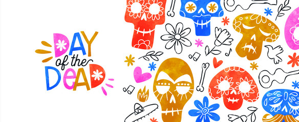 Day of dead banner cute watercolor skull cartoon