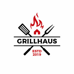 grill house fork spatula fire flame logo vector icon illustration