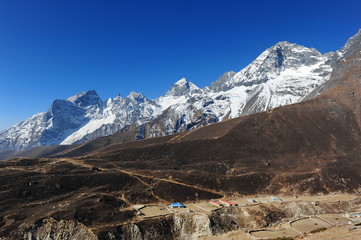 Nepal. Himalayan mountains. Snowy peaks of the Himalayas. Alpine glacial lakes. Snowy mountain...