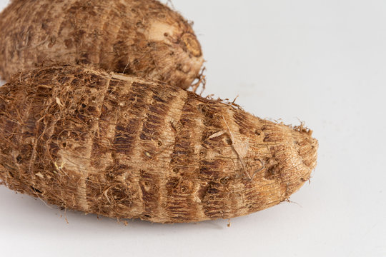 Close-up of brown malangas on white background in horizontal