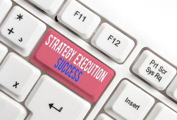 Text sign showing Strategy Execution Success. Business photo showcasing putting plan or list and start doing it well White pc keyboard with empty note paper above white background key copy space