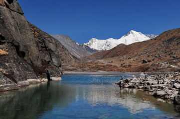 Nepal. Himalayan mountains. Snowy peaks of the Himalayas. Alpine glacial lakes. Snowy mountain...