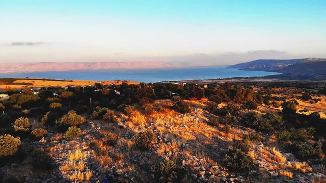 Drone aerial shot of Sea of Galillee in Israel