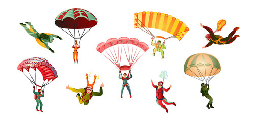Colorful set of skydivers. Vector illustration in flat cartoon style