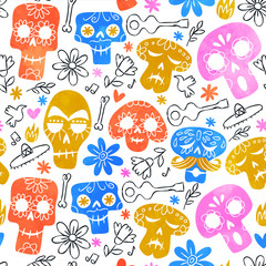 Day of the dead watercolor skull seamless pattern