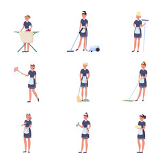 Fototapeta premium Set of women maids making housekeeping work vector illustration