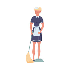 Woman maid standing and sweeping floor vector illustration