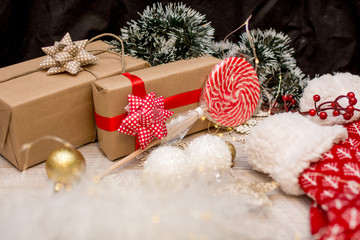 Merry Christmas and Happy Holidays!  Presents, candy with christmas ornaments.