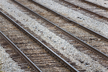 Obraz premium Several Parallel Railroad Train Tracks In A Rail Yard