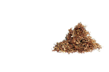 A slide of brown cigarette tobacco thinly sliced isolated on a white background.